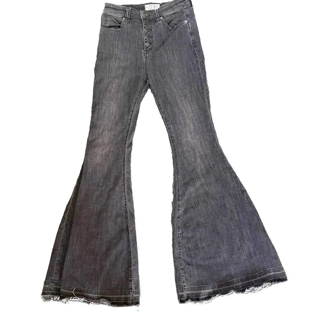 We The Free Free People High Rise Corset Flare Jeans Washed Black 27 Bell Bottom